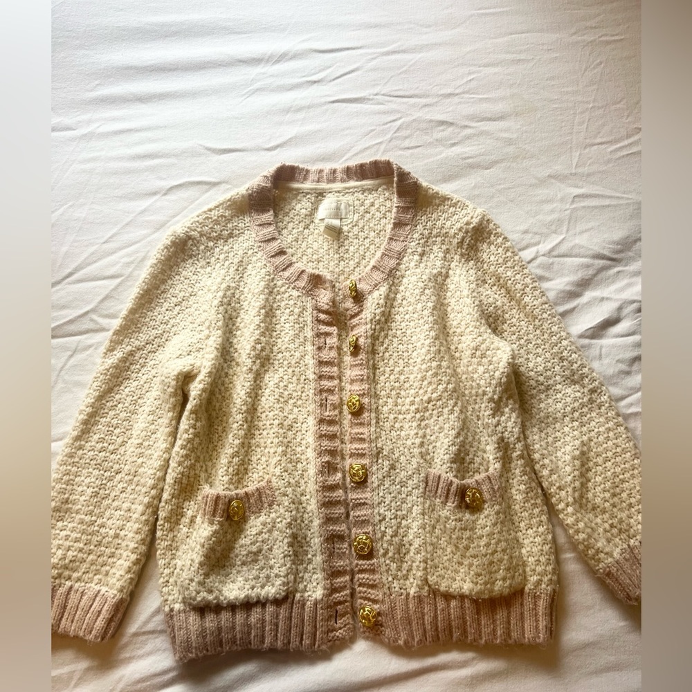 light cream with pink cute button up cardigan sweater